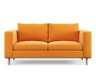 Modern two-seater sofa upholstered in burnt orange fabric with wooden tapered legs, featuring clean mid-century design lines and cushioned armrests on white background