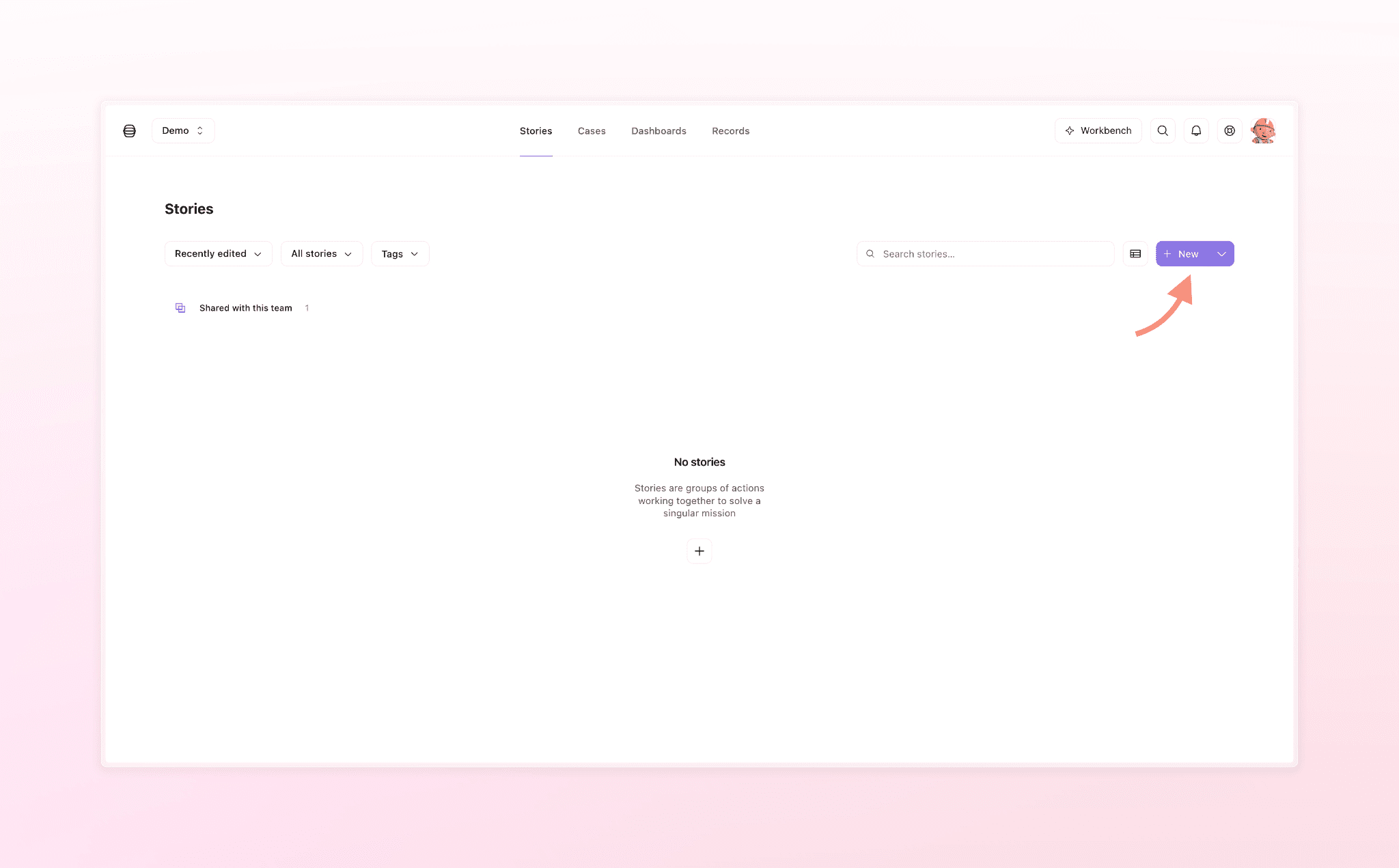 Demo application Stories section empty state interface with navigation menu and create new story button