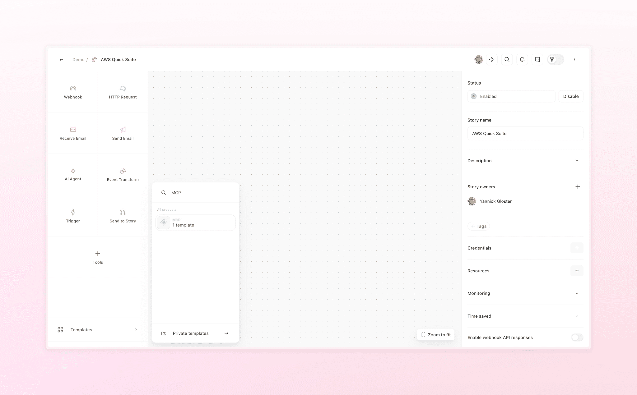 This screenshot displays the AWS Quick Suite workflow automation configuration interface within a demo environment. The interface features a three-panel layout designed for building, searching, and configuring automated workflows with various integration tools.