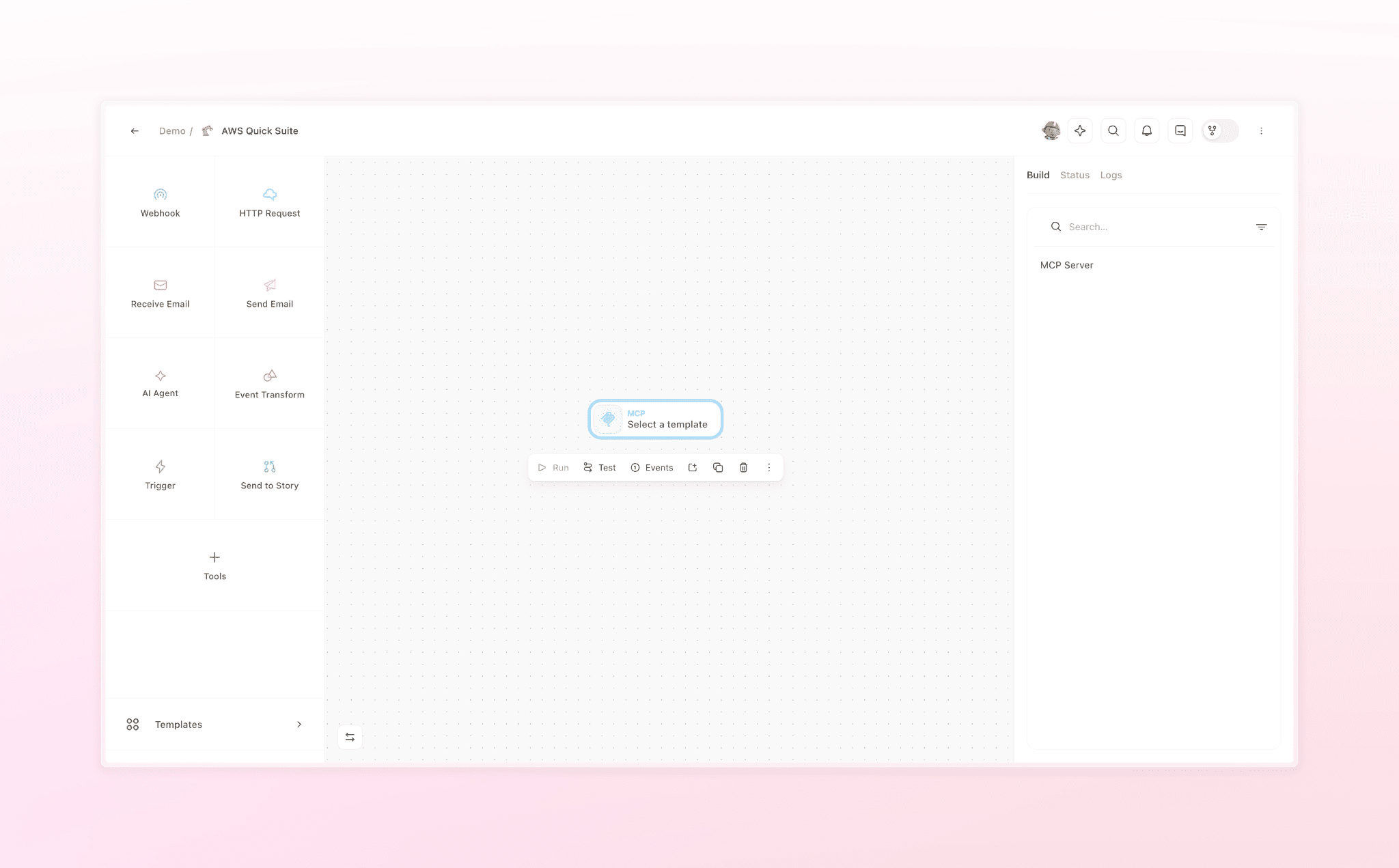 AWS Quick Suite workflow builder interface showing integration modules including Webhook, HTTP Request, Email, AI Agent, and other automation tools with a central template selection area