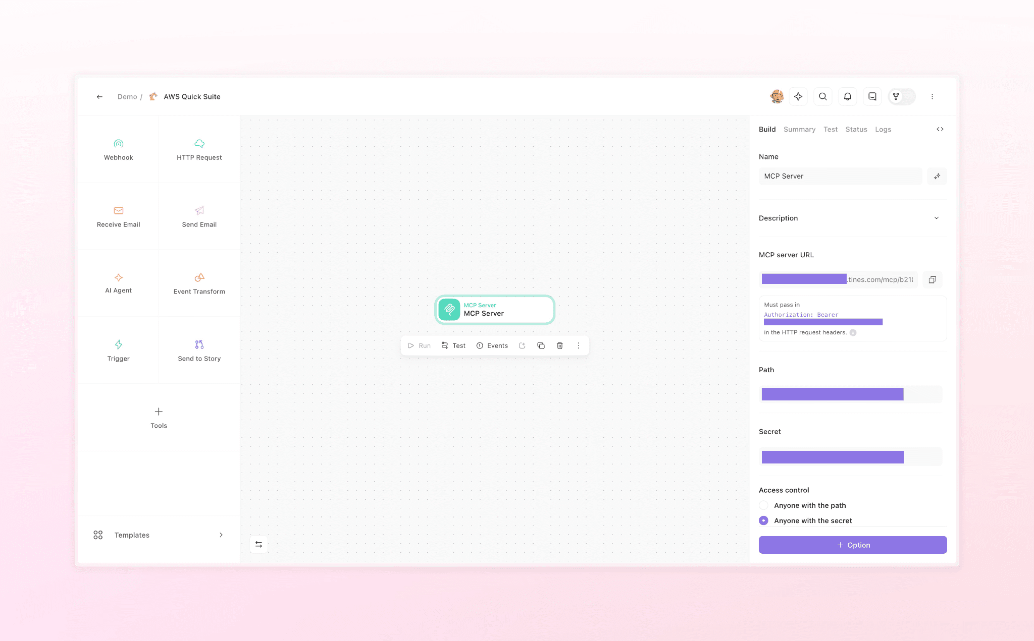 This screenshot displays the AWS Quick Suite workflow builder interface, showing the configuration panel for integrating an MCP (Model Context Protocol) Server into an automated workflow