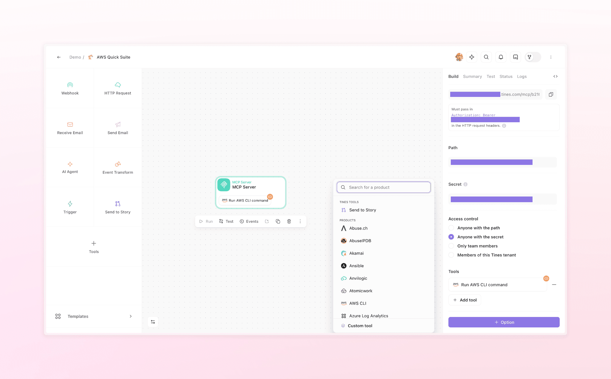 AWS Quick Suite interface showing MCP Server configuration with workflow tools, access control settings, and AWS CLI integration.
