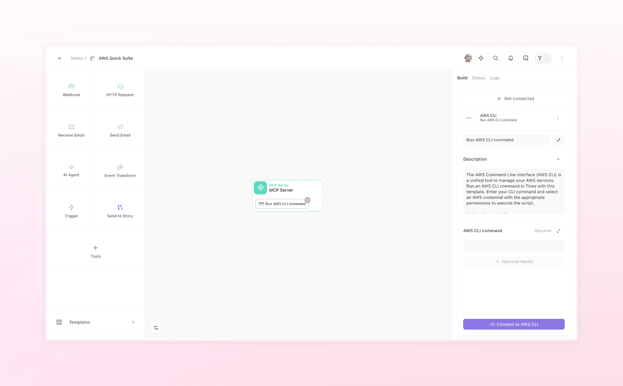 AWS Quick Suite workflow builder interface showing integration tools grid on left (Webhook, HTTP Request, Email tools, AI Agent, Event Transform, Trigger, Send to Story), MCP Server component in center connected to 