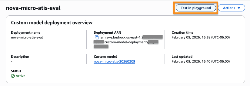 AWS Bedrock console screenshot showing the Custom Model Deployment Overview page for 