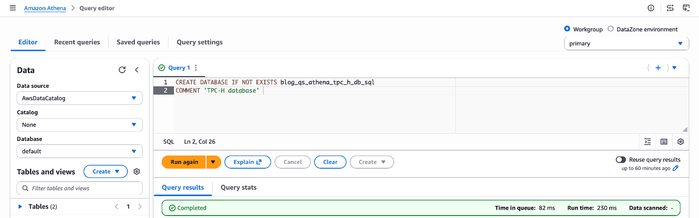 Amazon Athena Query Editor interface showing SQL query to create TPC-H database, with completed execution status showing 82ms queue time, 230ms run time, and primary workgroup selected