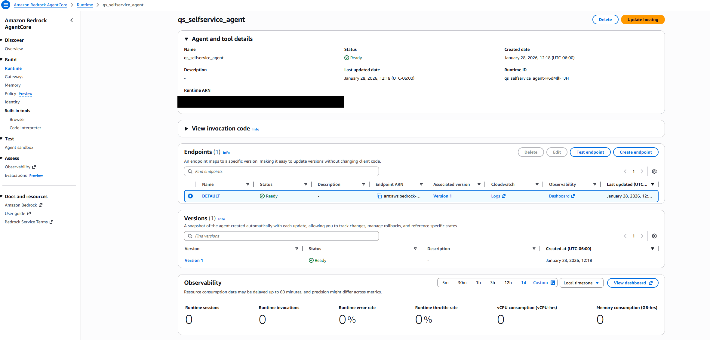 Amazon Bedrock AgentCore Runtime console showing the qs_selfservice_agent configuration with Ready status, DEFAULT endpoint, Version 1, and observability metrics.