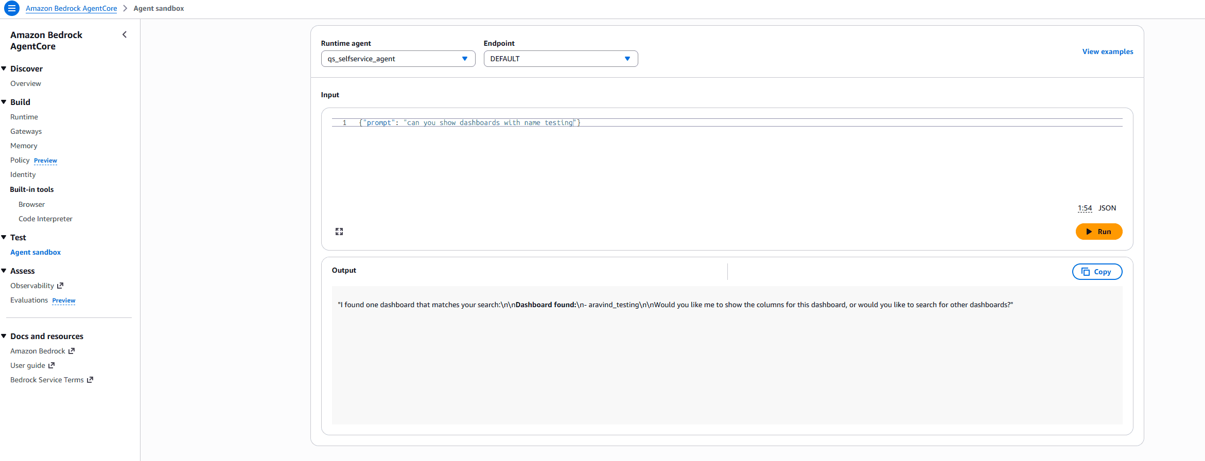 Amazon Bedrock AgentCore Agent Sandbox testing interface showing qs_selfservice_agent with a dashboard search query input and agent response confirming a matching dashboard found.