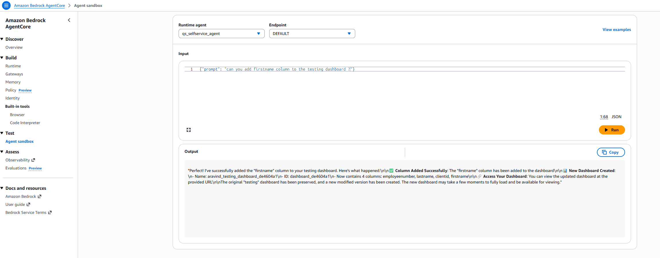 Amazon Bedrock AgentCore Agent Sandbox showing qs_selfservice_agent successfully adding a firstname column to a QuickSight testing dashboard with a detailed success response.