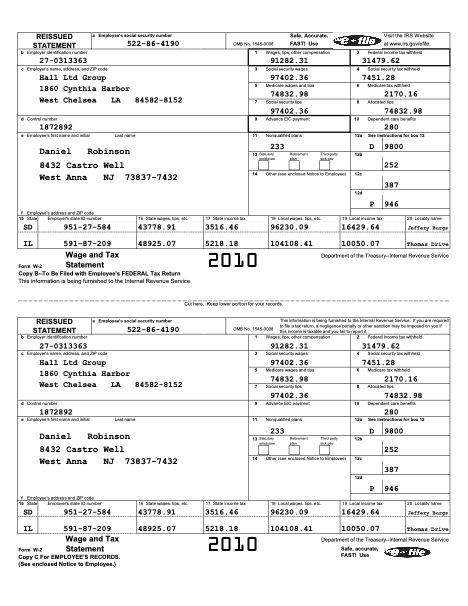 Sample W-2 form used for extraction testing