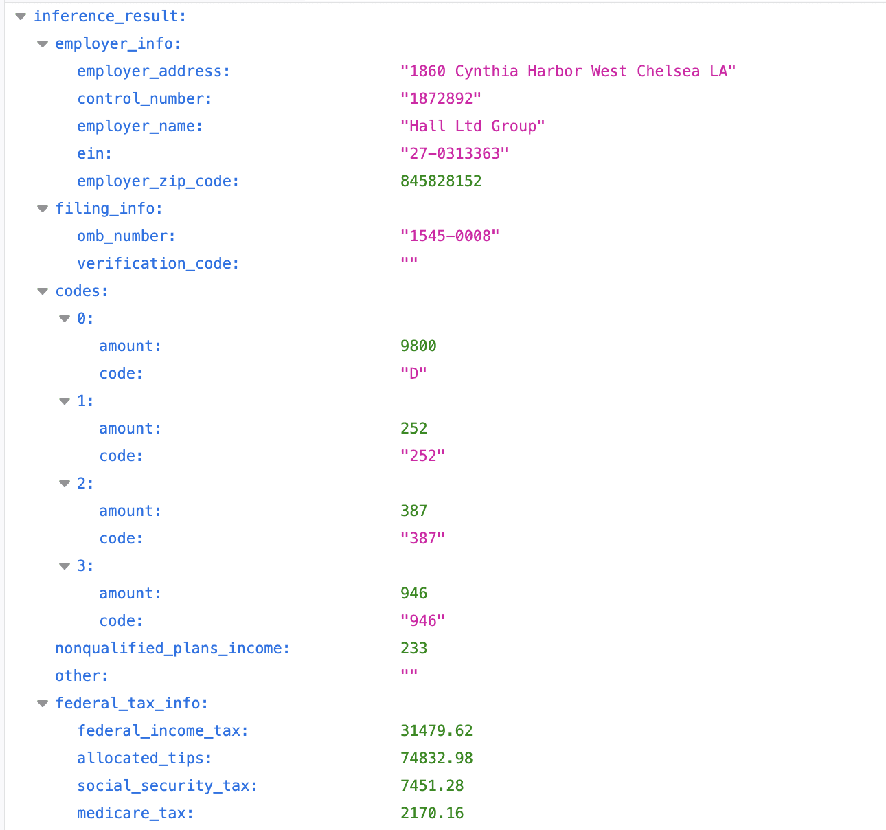 W-2 extraction results showing employer and employee information in JSON format