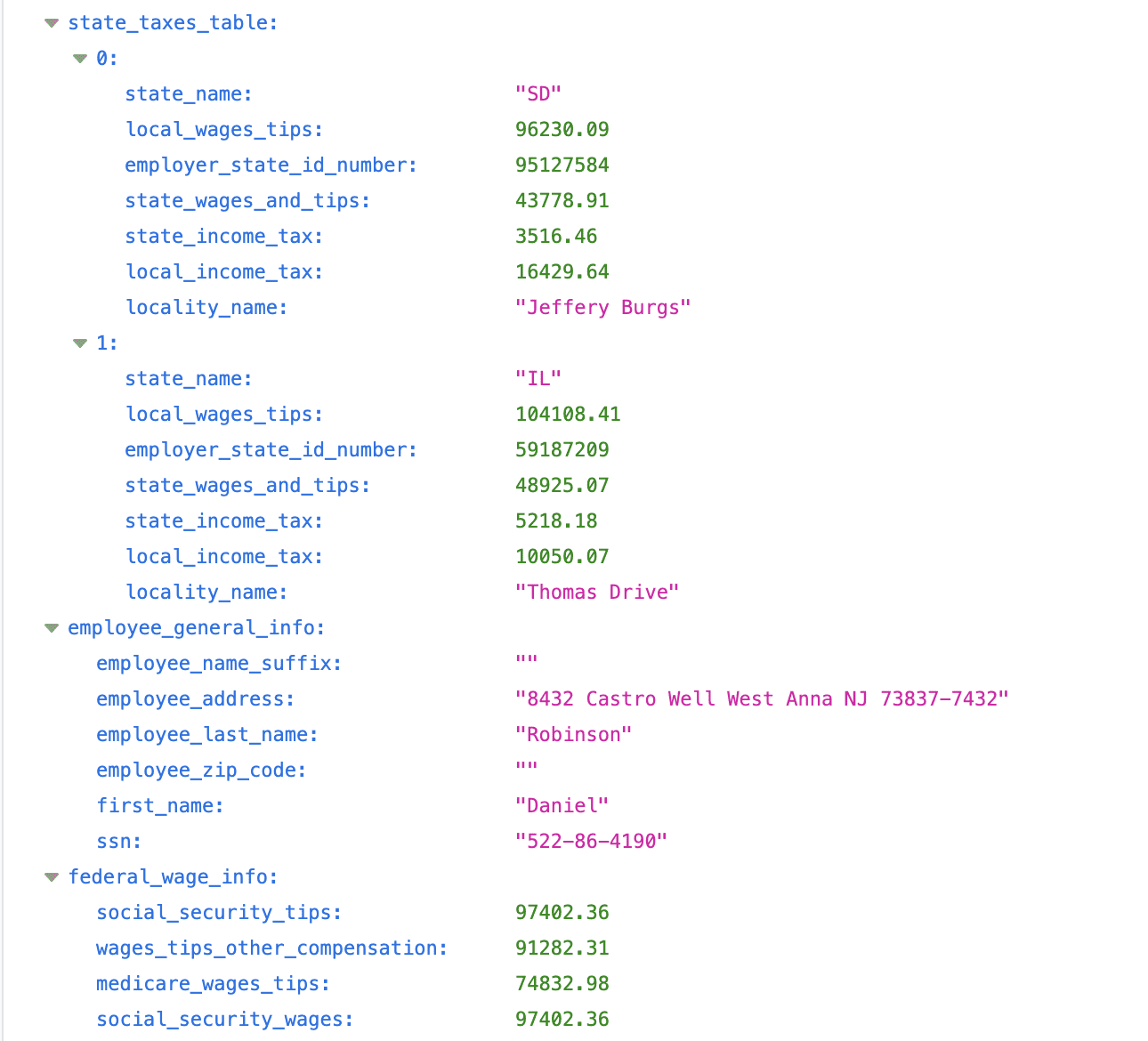 W-2 extraction results showing tax and code information in JSON format