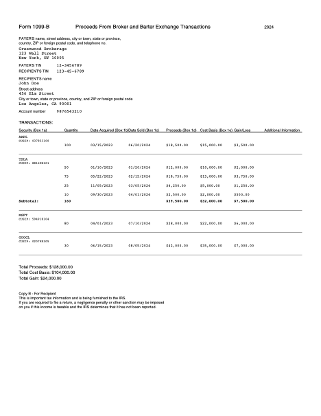 Sample 1099-B form used for extraction testing