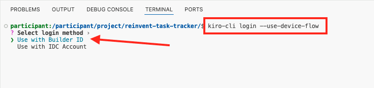 Debug console screenshot showing Kiro CLI login method selection with Builder ID and IDC Account options