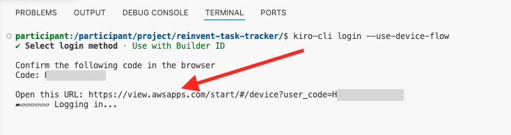 Terminal output showing Kiro CLI device flow login with browser confirmation URL and authorization code.