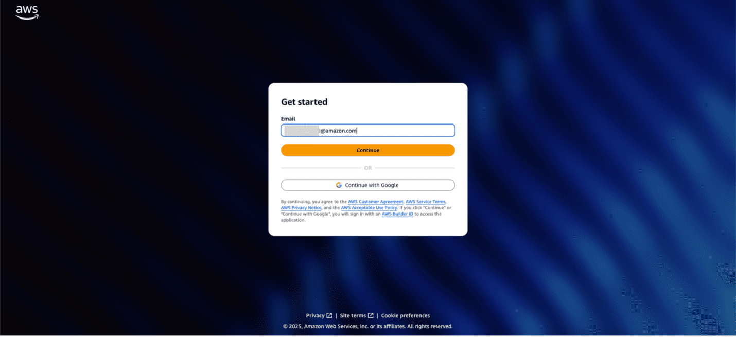 AWS Builder ID sign-in page with email input field, Continue button, and Google authentication option