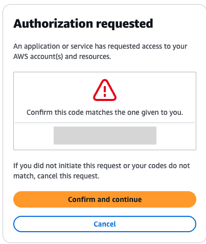 AWS authorization dialog requesting code confirmation to grant application access to AWS account resources