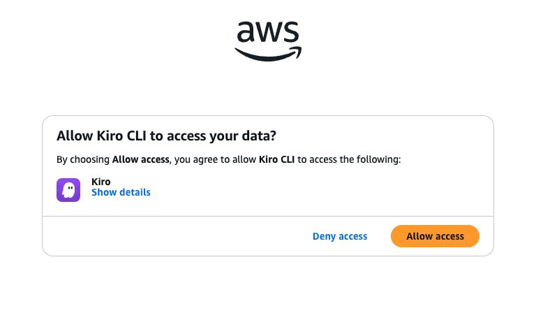 AWS permission dialog asking user to allow Kiro CLI to access their data, with Allow and Deny options