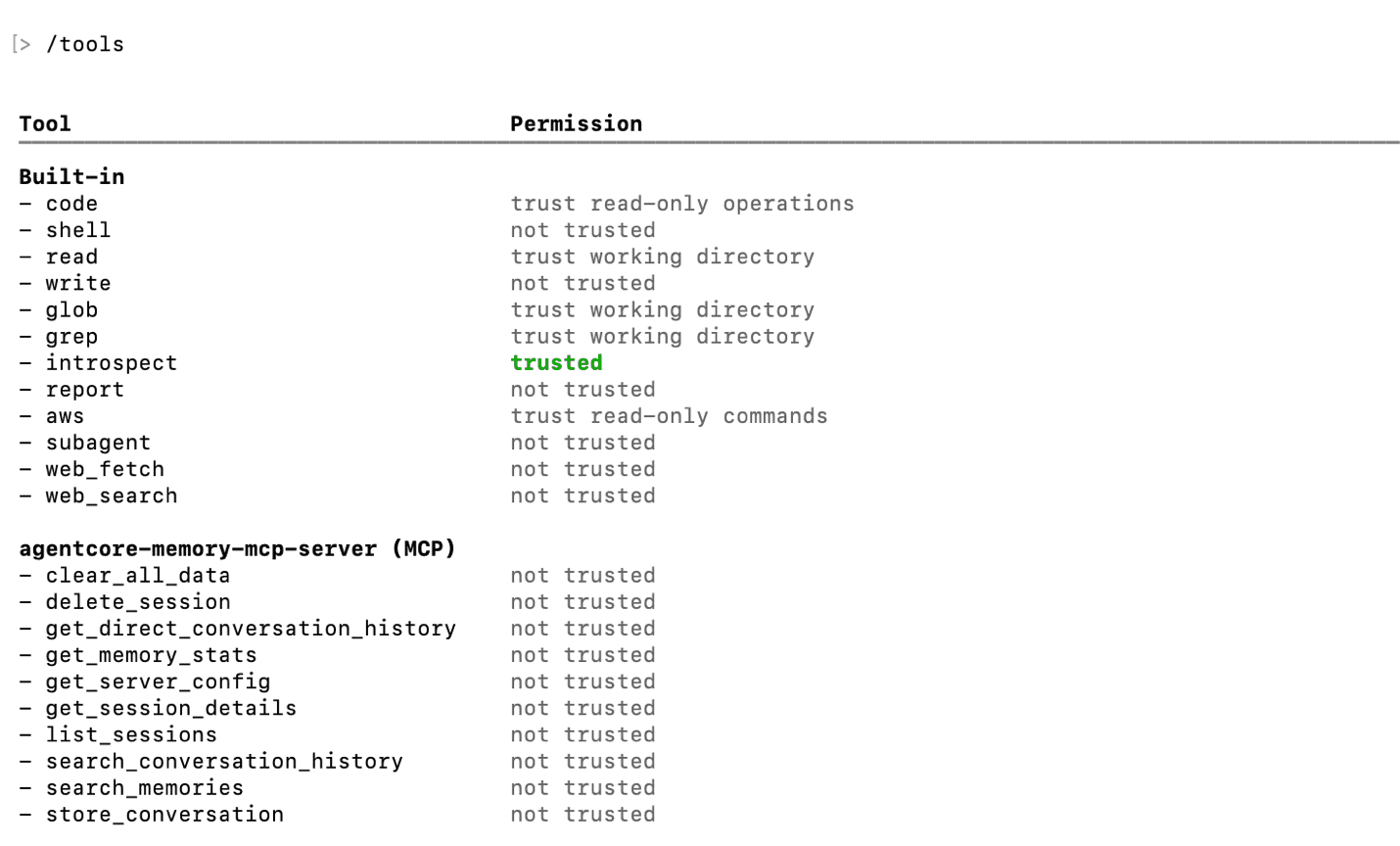 Kiro CLI tools permission matrix showing built-in tools and agentcore-memory-mcp-server operations with trust levels