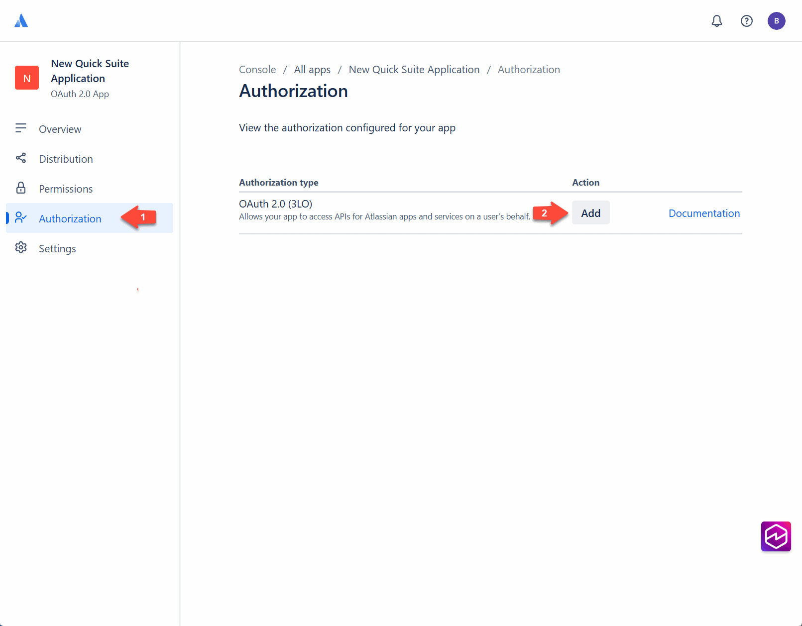 Screenshot of the Authorization page within the 'New Quick Suite Application' OAuth 2.0 app in the Atlassian Developer Console. The page shows the Authorization type table with 'OAuth 2.0 (3LO)' listed, described as 'Allows your app to access APIs for Atlassian apps and services on a user's behalf.' Two action buttons are shown: 'Add' (highlighted with red arrow labeled '2') and 'Documentation'. The left sidebar shows 'Authorization' as the active section (highlighted with red arrow labeled '1'). This image demonstrates how to configure OAuth 2.0 authorization for a new Atlassian app.