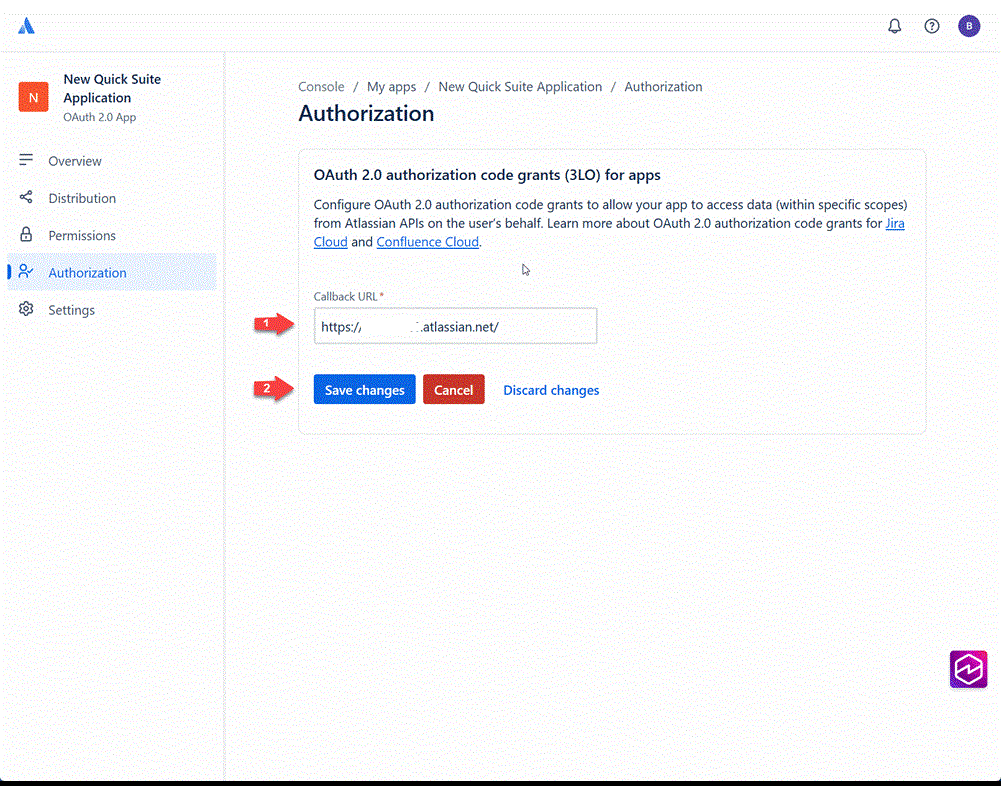 Screenshot of the OAuth 2.0 authorization code grants (3LO) configuration page in the Atlassian Developer Console. The form shows a Callback URL field pre-filled with a partial Atlassian URL (labeled with red arrow '1'), and 'Save changes', 'Cancel', and 'Discard changes' buttons (labeled '2'). An informational note explains the purpose of OAuth 2.0 authorization code grants with links to Jira Cloud and Confluence Cloud documentation. This image shows how to configure the OAuth callback URL for an Amazon Quick Atlassian integration.