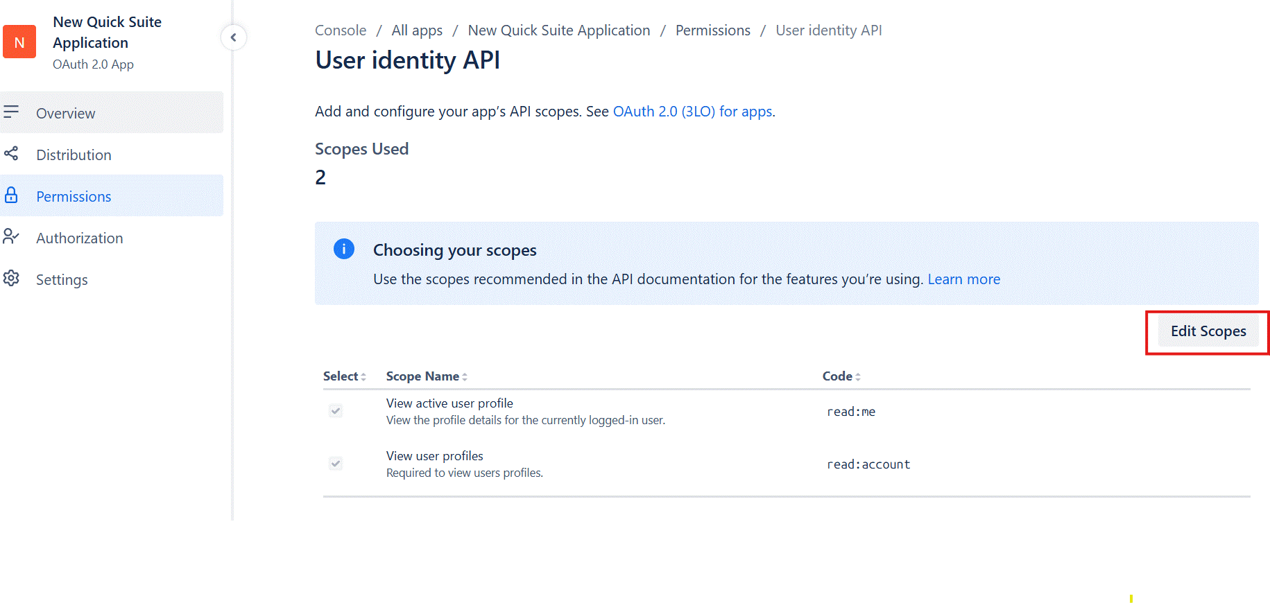 Screenshot of the User Identity API configuration page in the Atlassian Developer Console showing 'Scopes Used: 2'. The page displays an information panel about choosing scopes, and an 'Edit Scopes' button (highlighted with a red border). A table shows two selected scopes: 'View active user profile' (code: read:me) and 'View user profiles' (code: read:account), both with checkmarks. This image illustrates the minimal identity scopes required for Amazon Quick's OAuth integration with Atlassian.