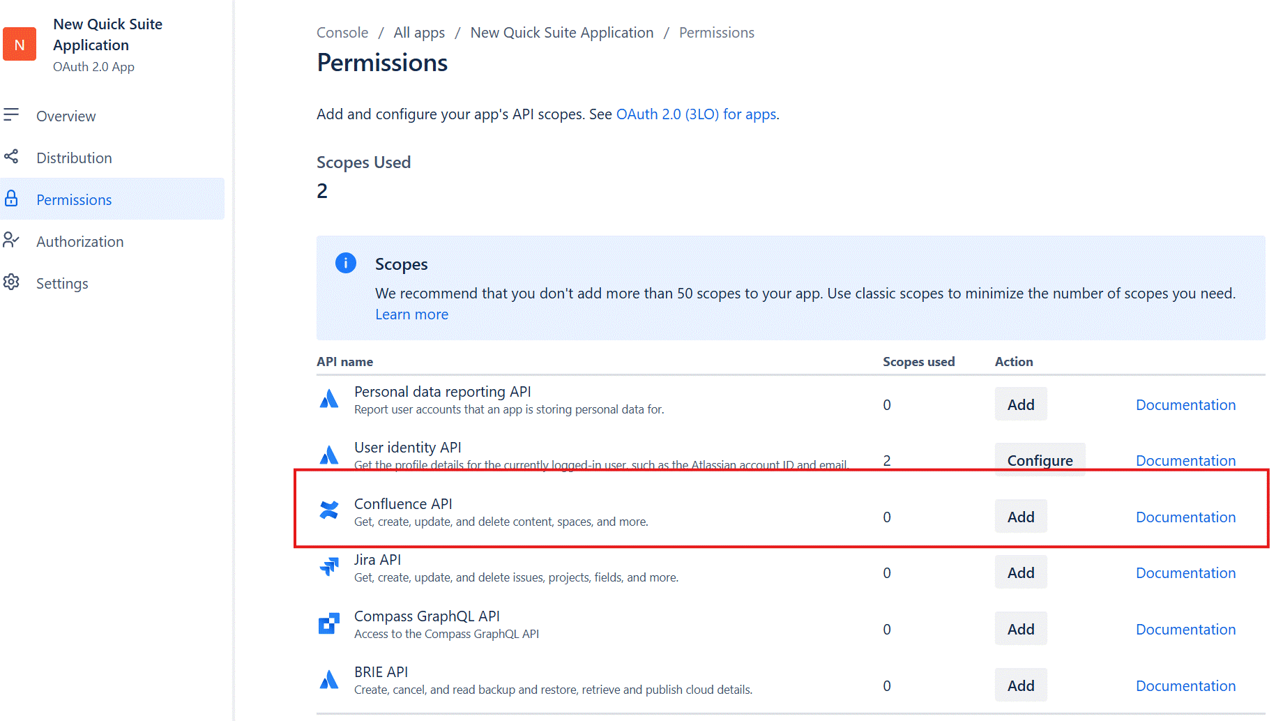 Screenshot of the Permissions page in the Atlassian Developer Console after configuring User Identity API scopes. The page shows 'Scopes Used: 2' and the API list with User identity API now showing 'Configure' (2 scopes configured) instead of 'Add'. The Confluence API row is highlighted with a red border, showing it still has 0 scopes with an 'Add' button. This image illustrates the next step in the setup: adding Confluence API permissions for Amazon Quick.