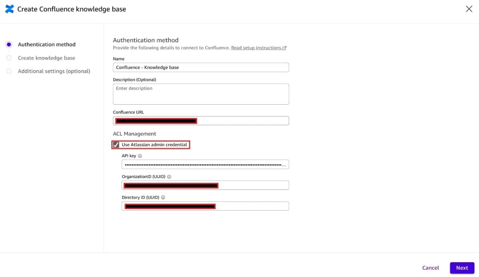 Screenshot of the 'Create Confluence knowledge base' dialog in Amazon Quick showing the Authentication method configuration form. Fields include Name ('Confluence - Knowledge base'), Description, and Confluence URL (redacted). Under ACL Management, the 'Use Atlassian admin credential' checkbox is checked (highlighted with a red border). Additional fields for API key, OrganizationID (UUID), and Directory ID (UUID) are visible with sensitive values redacted. This image shows how to configure Atlassian admin credentials for document-level access control.