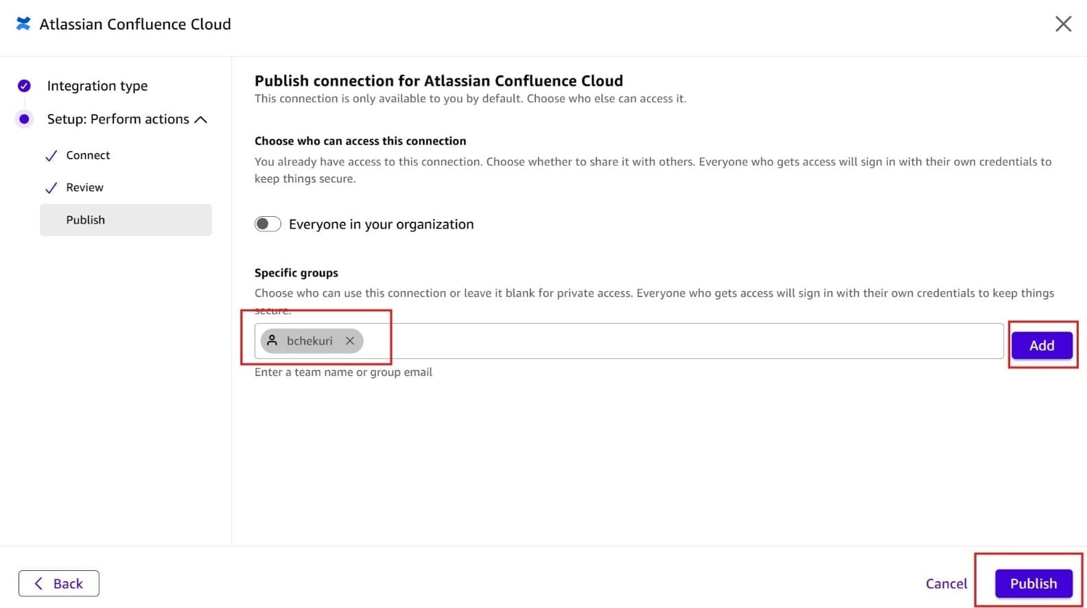 Screenshot of the 'Publish connection for Atlassian Confluence Cloud' step in Amazon Quick's connector setup wizard. The page shows options to choose who can access the connection — 'Everyone in your organization' toggle (off) or 'Specific groups'. A specific user 'bchekuri' is shown as an added member (highlighted with red border). An 'Add' button is also highlighted with a red border for adding more users. A 'Publish' button (highlighted) is visible at the bottom-right. This image demonstrates how to configure sharing permissions when publishing a Confluence connector in Amazon Quick.