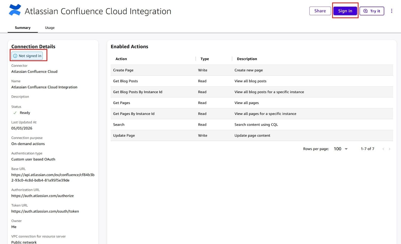 Screenshot of the 'Atlassian Confluence Cloud Integration' connector detail page in Amazon Quick. The Connection Details panel shows Status: Ready, Last Updated At: 05/03/2026, Connection purpose: On-demand actions, Authentication type: Custom user based OAuth, Base URL (Atlassian API URL), Authorization URL, and Token URL. A 'Not signed in' status indicator is highlighted in a red border under Connection Details. The Enabled Actions table lists 7 actions. 'Sign in' (highlighted with red border) and 'Try it' buttons are visible at the top-right. This image shows the connector is configured but requires the user to sign in with their Atlassian credentials.