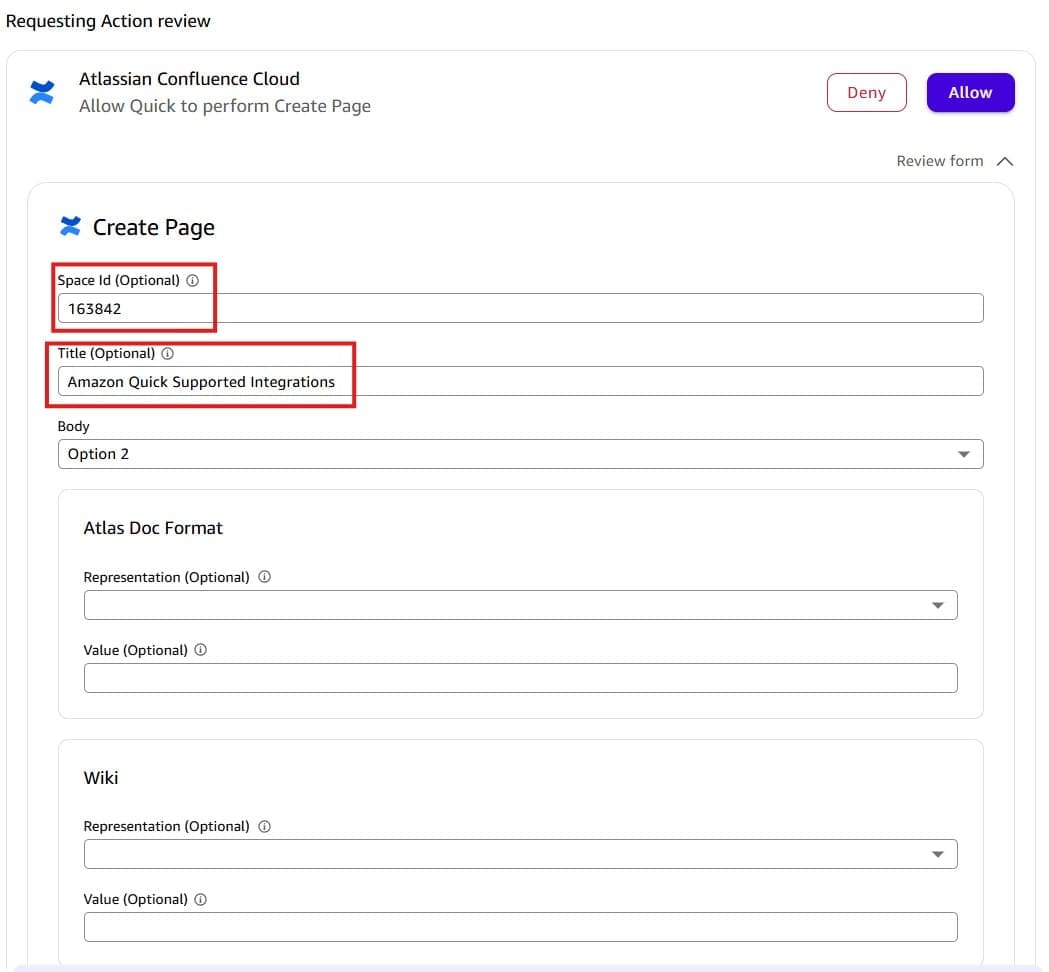 Screenshot of the expanded 'Requesting Action review' form in Amazon Quick for the Atlassian Confluence Cloud 'Create Page' action. The form displays: Space Id field set to '163842' (highlighted with red border), Title field set to 'Amazon Quick Supported Integrations' (highlighted with red border), a Body dropdown set to 'Option 2' with Atlas Doc Format and Wiki format sections. Deny and Allow buttons are visible at the top. This image shows the details of a Confluence page creation request being reviewed in Amazon Quick before execution.