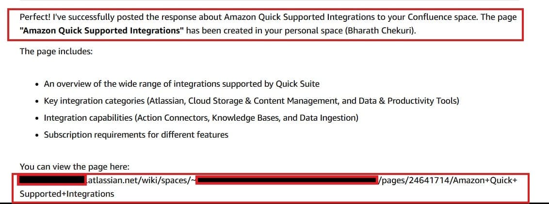 Screenshot of an Amazon Quick AI assistant confirmation message after successfully creating a Confluence page. The highlighted text (red border) reads: 'I've successfully posted the response about Amazon Quick Supported Integrations to your Confluence space. The page 
