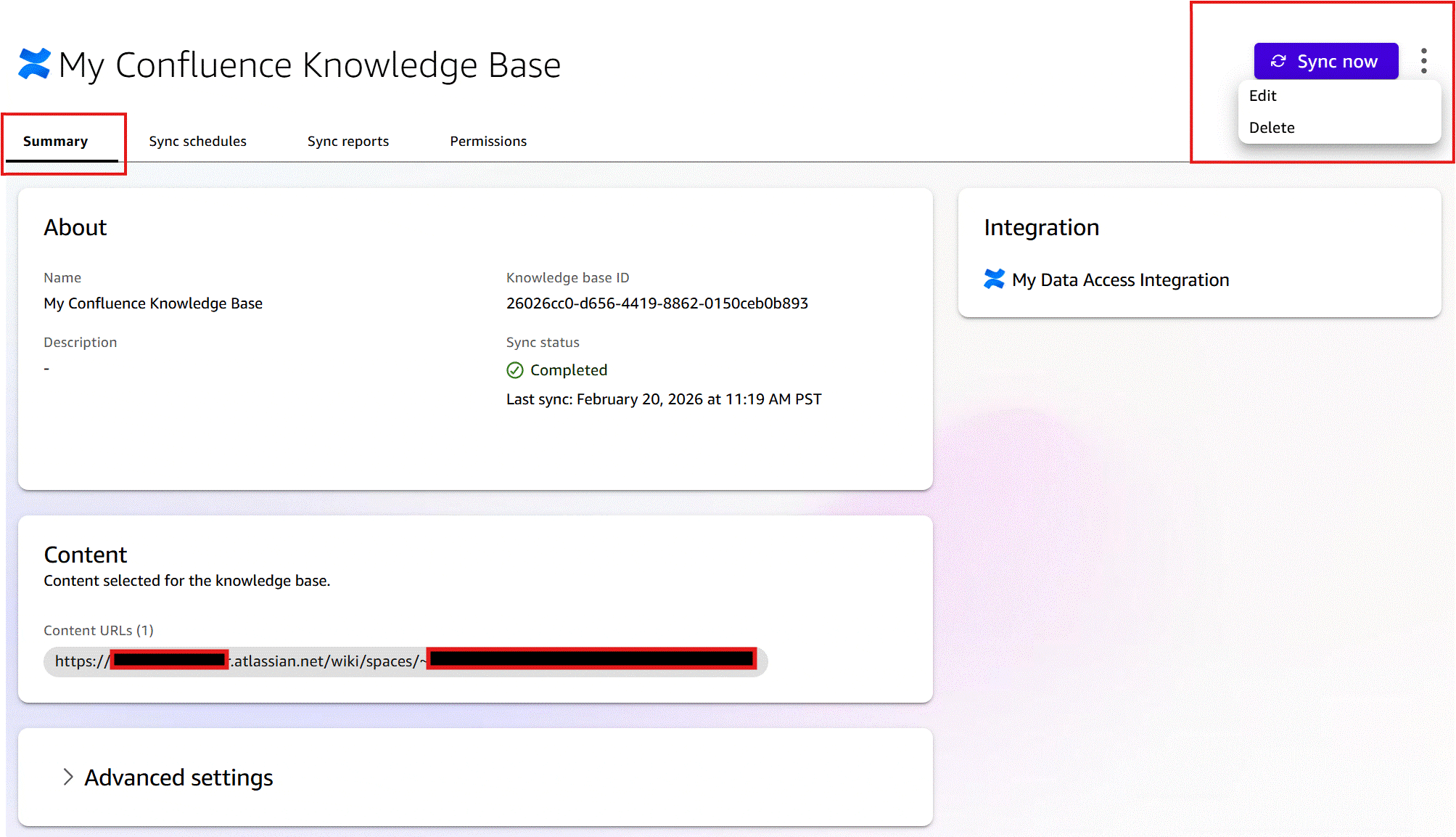 Screenshot of the 'My Confluence Knowledge Base' detail page in Amazon Quick, showing the Summary tab (highlighted with a red border). The page displays the About section with Name, Knowledge base ID, and Sync status (Completed, last sync February 20, 2026). A Content section shows the configured Confluence URL (redacted). An Advanced settings section is collapsed at the bottom. In the top-right, a 'Sync now' button and a three-dot menu showing 'Edit' and 'Delete' options are visible (highlighted). The right panel shows the linked Integration: 'My Data Access Integration'.