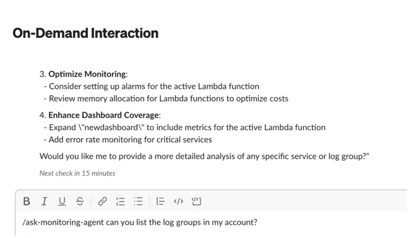 Figure 3: User asking a specific question via Slack slash command and receiving a detailed response