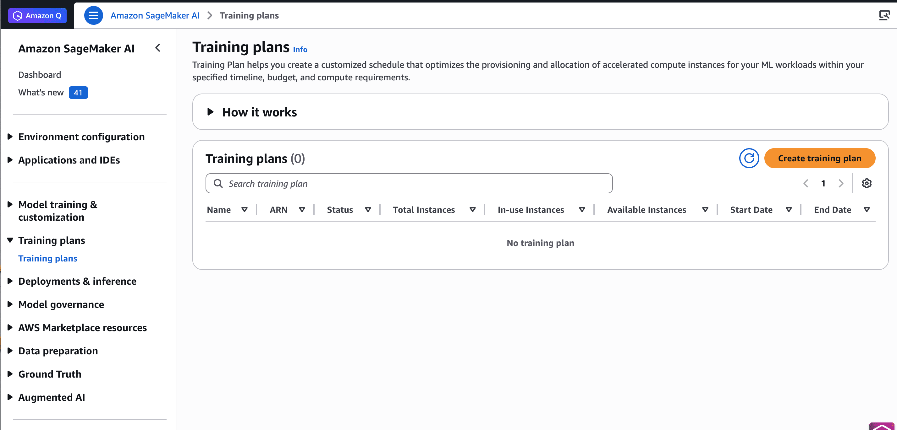 Amazon SageMaker AI Training Plans console page showing an empty training plans table with options to create, search, and manage compute instance allocation schedules for machine learning workloads.