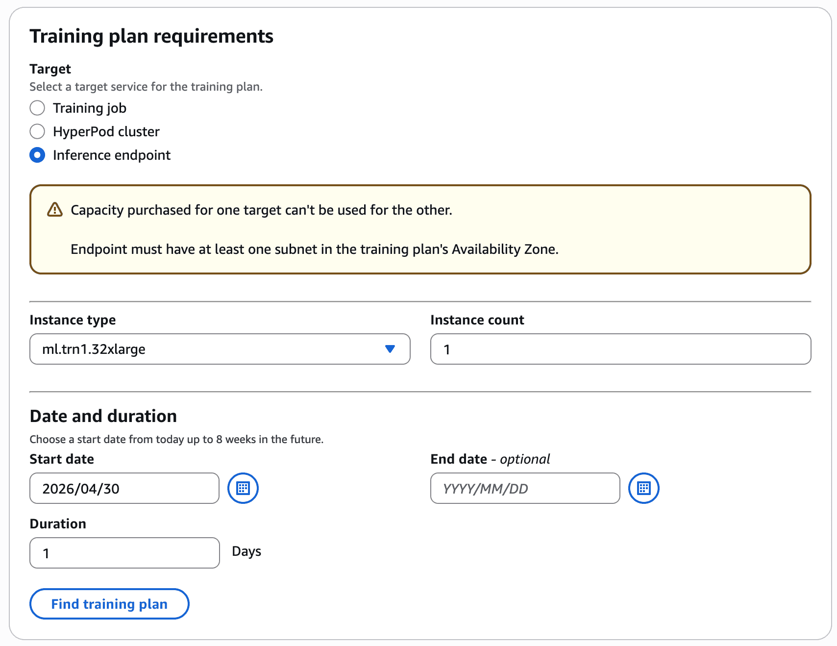 AWS SageMaker Training Plan Requirements configuration form showing target service selection, instance type settings, and scheduling options with Inference endpoint selected.