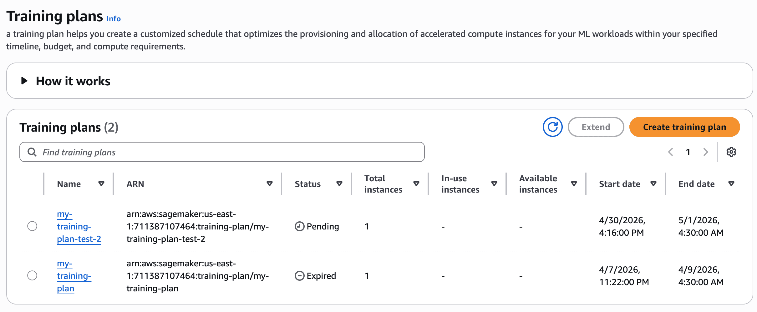 AWS SageMaker Training Plans management dashboard displaying 2 training plans with status, instance allocation, and scheduling details.