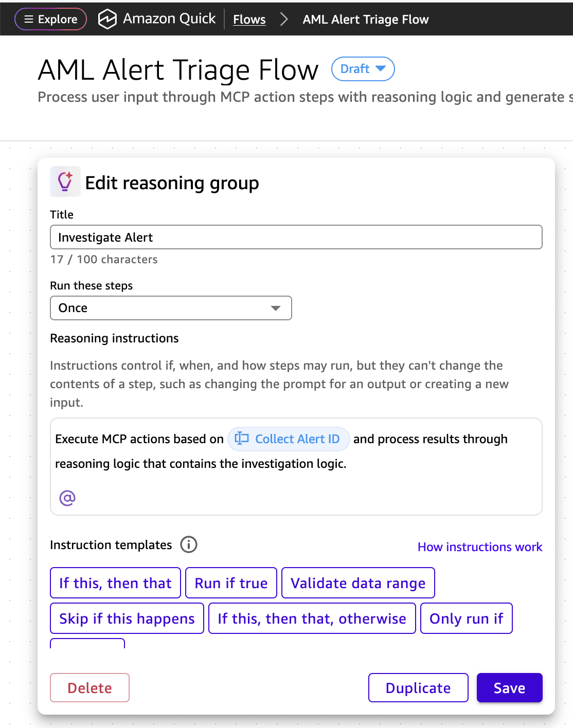 Quick Flow editor showing a reasoning group node added to the flow with investigation logic configured