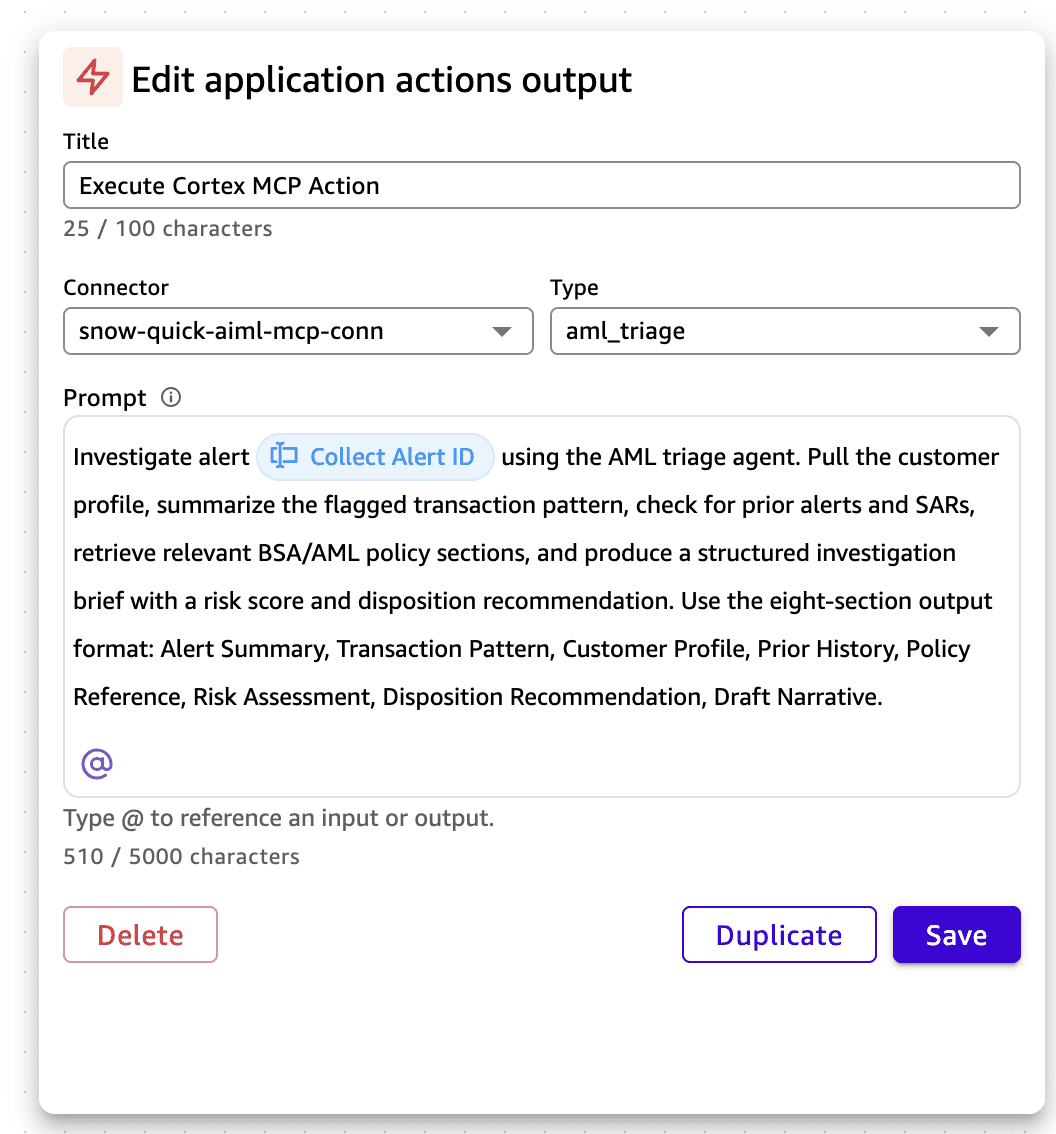 Quick Flow editor reasoning group with an MCP action step calling the aml_triage tool from the Snowflake integration