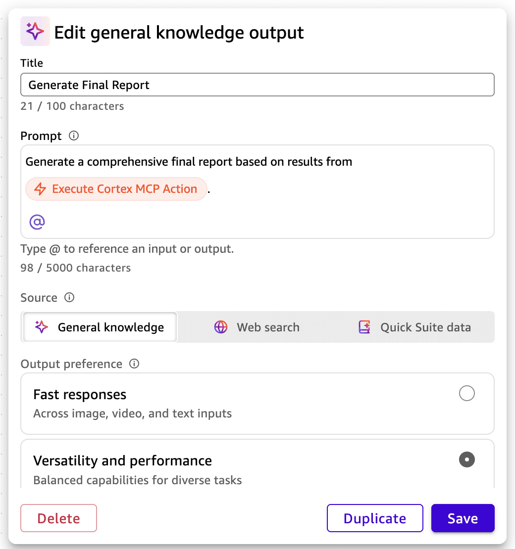 Quick Flow editor showing the output step rendering the formatted investigation brief with all eight sections