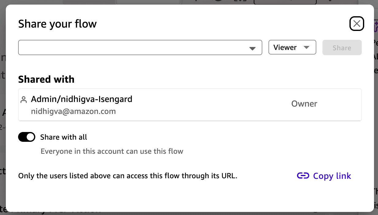 Share and Publish dialog in Amazon Quick for the AML Alert Triage flow