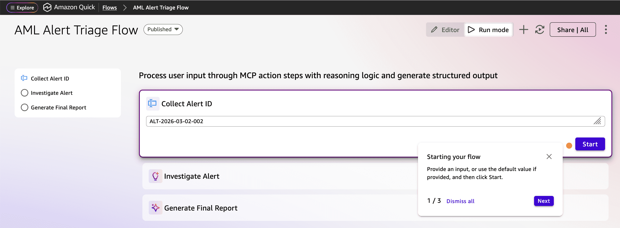 AML Alert Triage Flow input form with a sample alert ID entered and the Start button highlighted