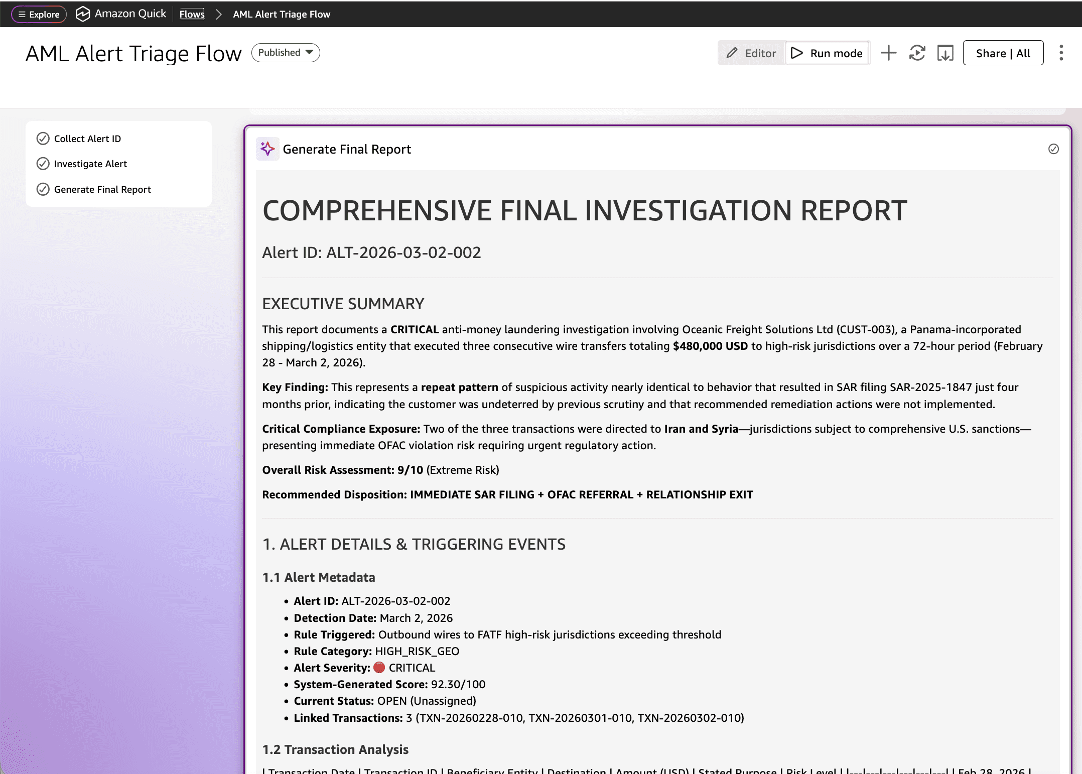 Output of the AML Triage Quick Flow showing the eight-section investigation brief for the test alert