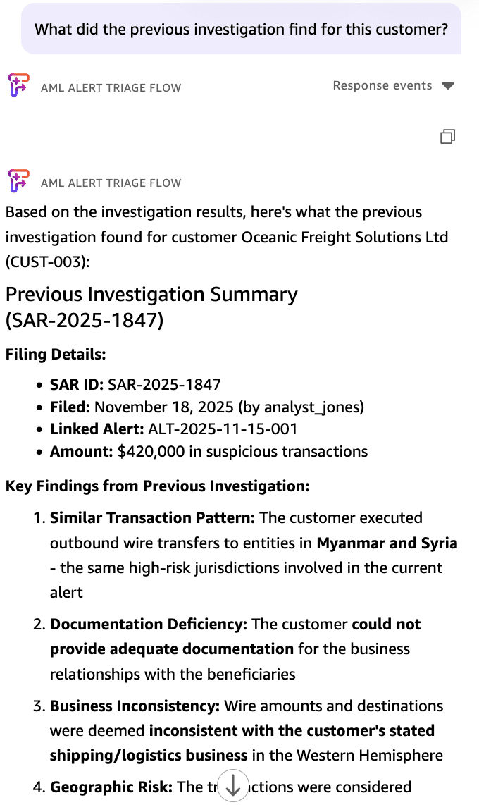 Quick Flow chat interface showing follow-up answers about FATF list designation and prior investigation findings