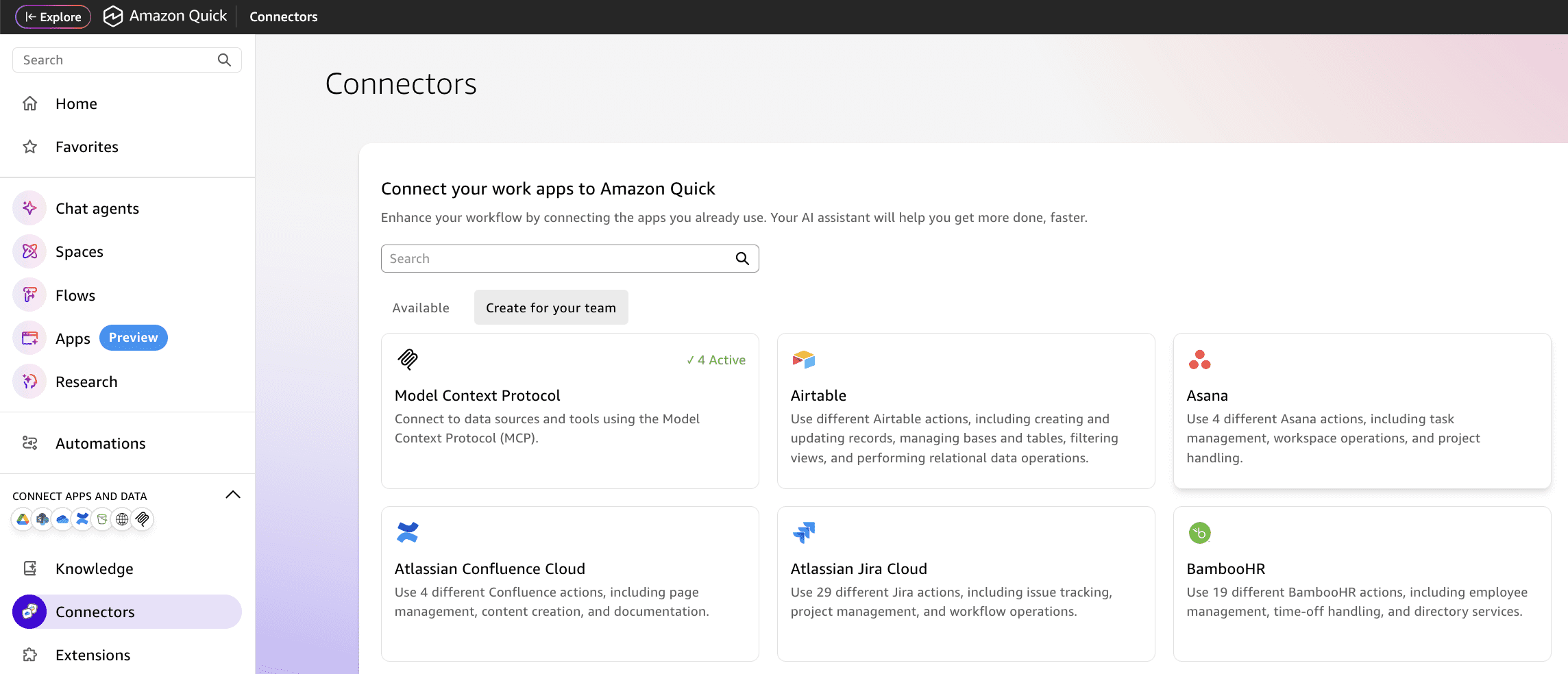 Amazon Quick Connectors page with the Model Context Protocol tile selected