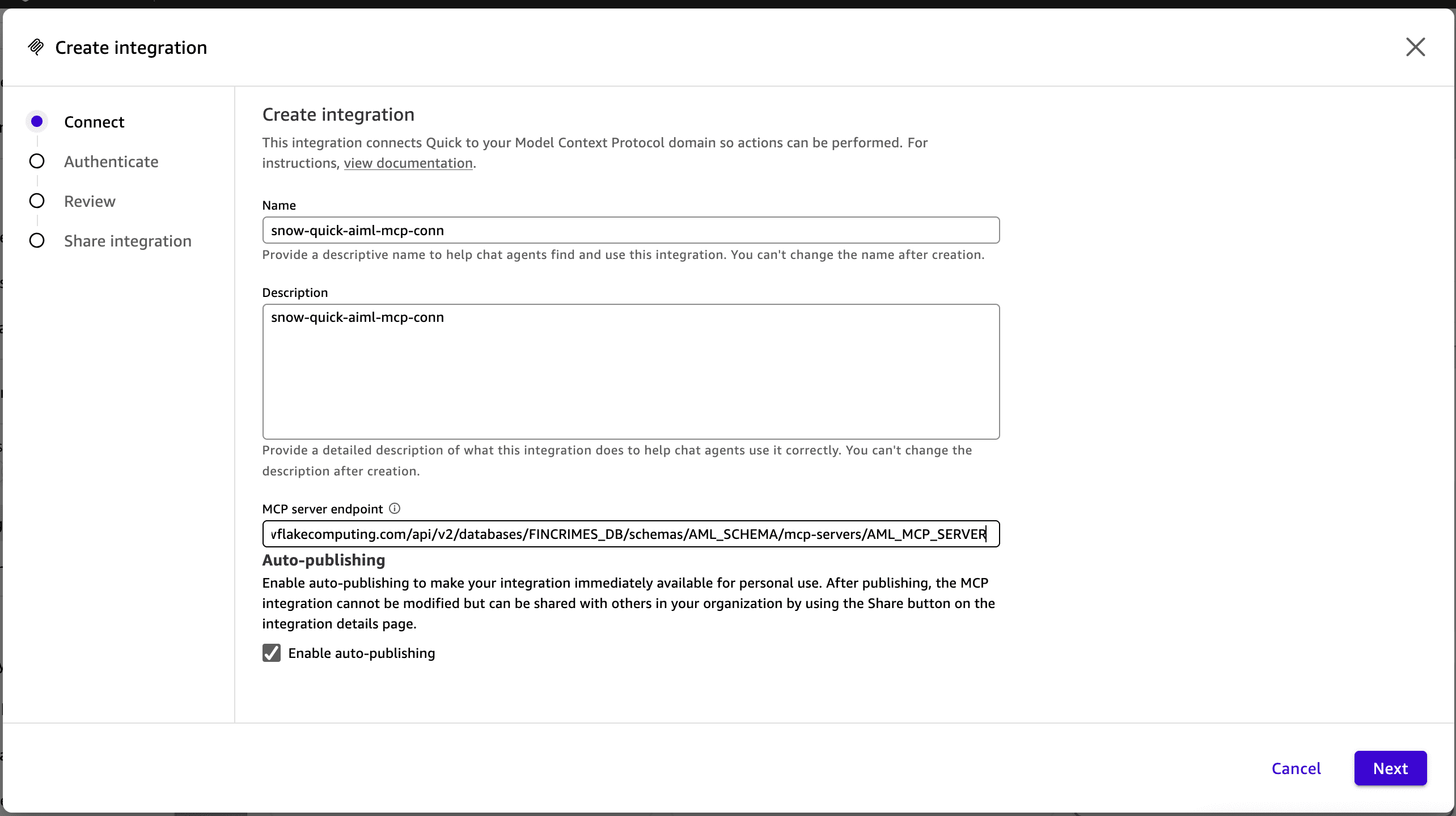 Amazon Quick MCP integration setup screen with the Snowflake MCP server endpoint URL entered