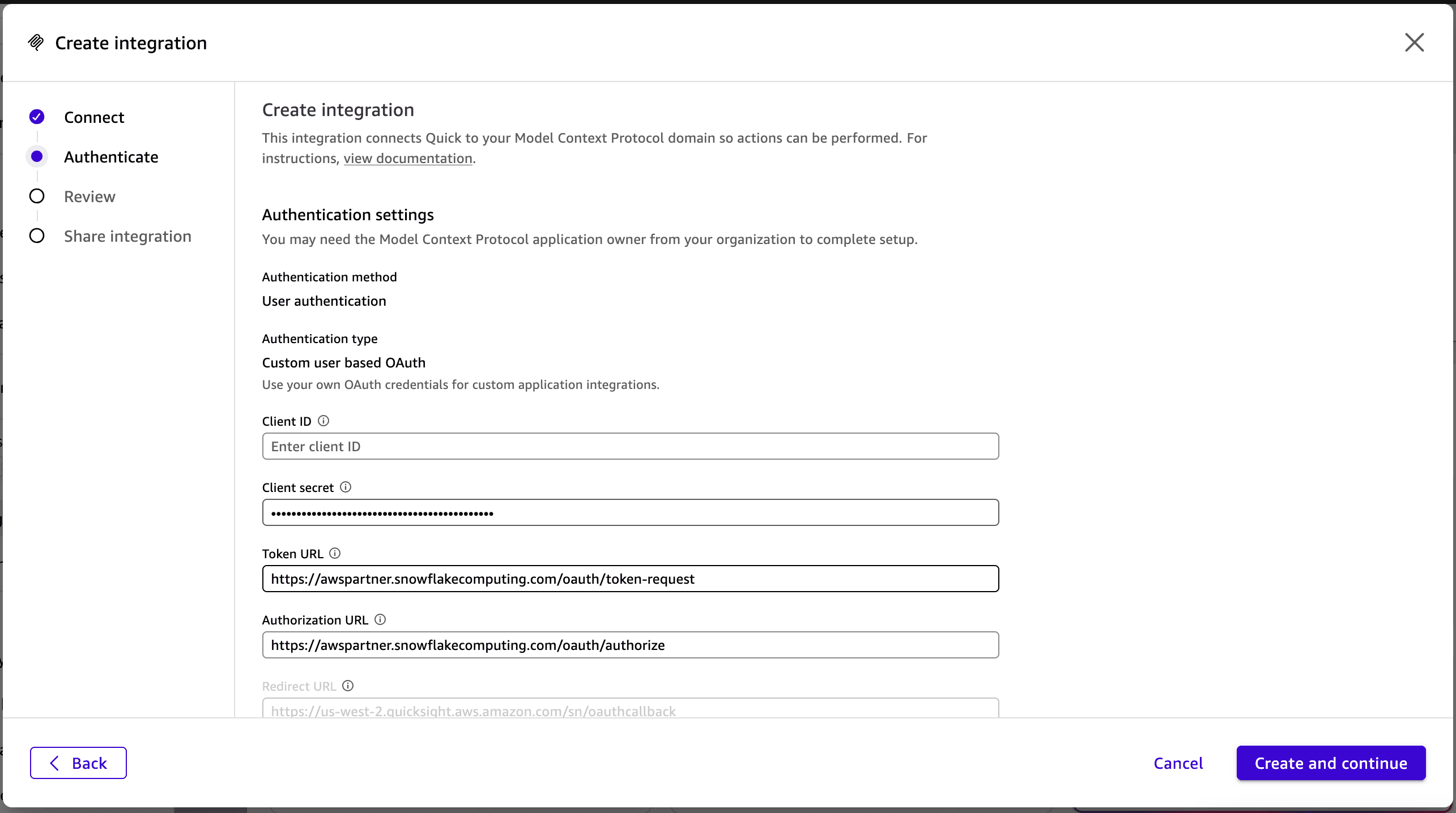 OAuth manual configuration screen in Amazon Quick with Snowflake client ID, client secret, authorization URL, and token URL fields populated
