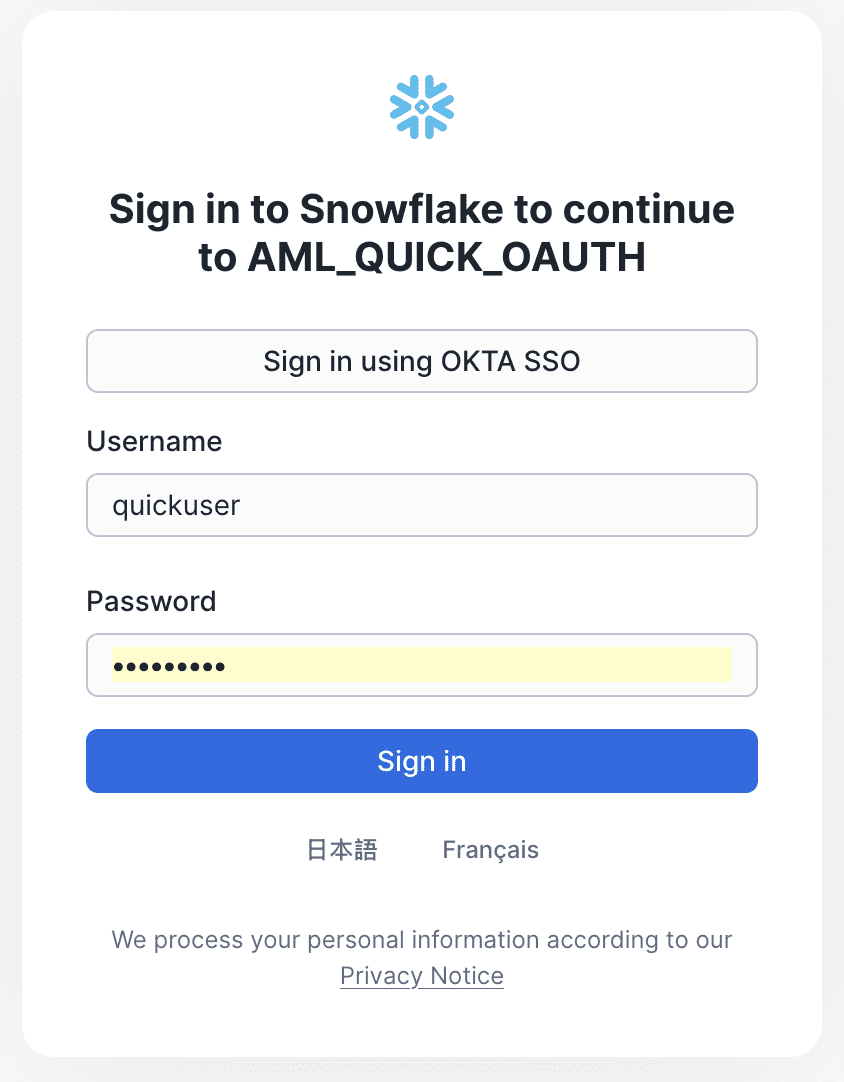 Snowflake sign-in page prompting for user credentials