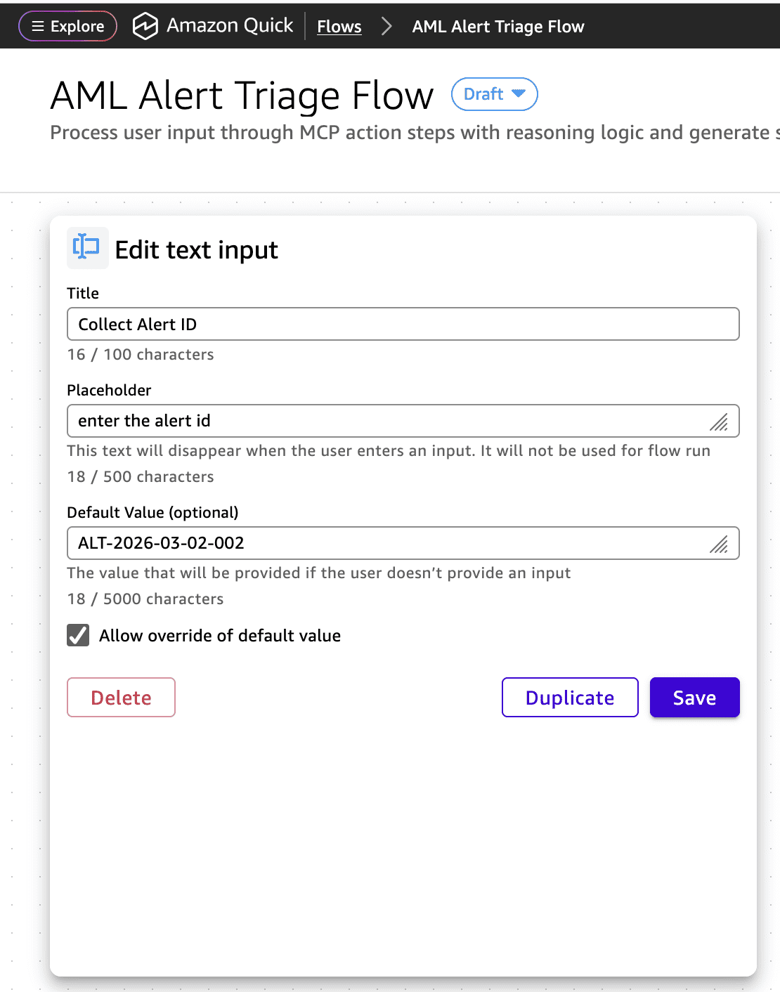 Quick Flow editor showing an input step that collects alert ID and an optional time window from the analyst