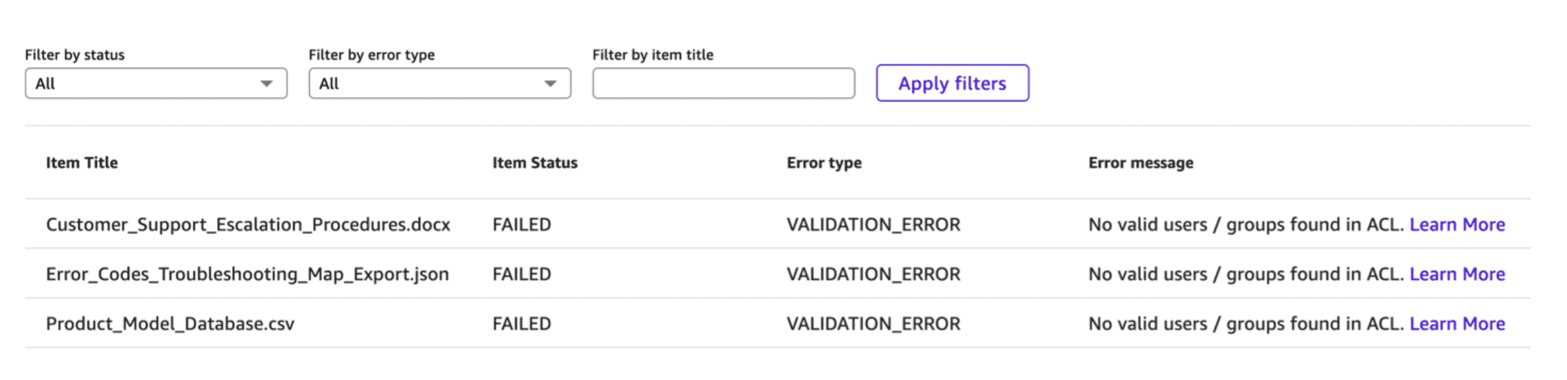 File upload error report in Amazon Quick showing three failed items (Customer_Support_Escalation_Procedures.docx, Error_Codes_Troubleshooting_Map_Export.json, and Product_Model_Database.csv) all with VALIDATION_ERROR status and 