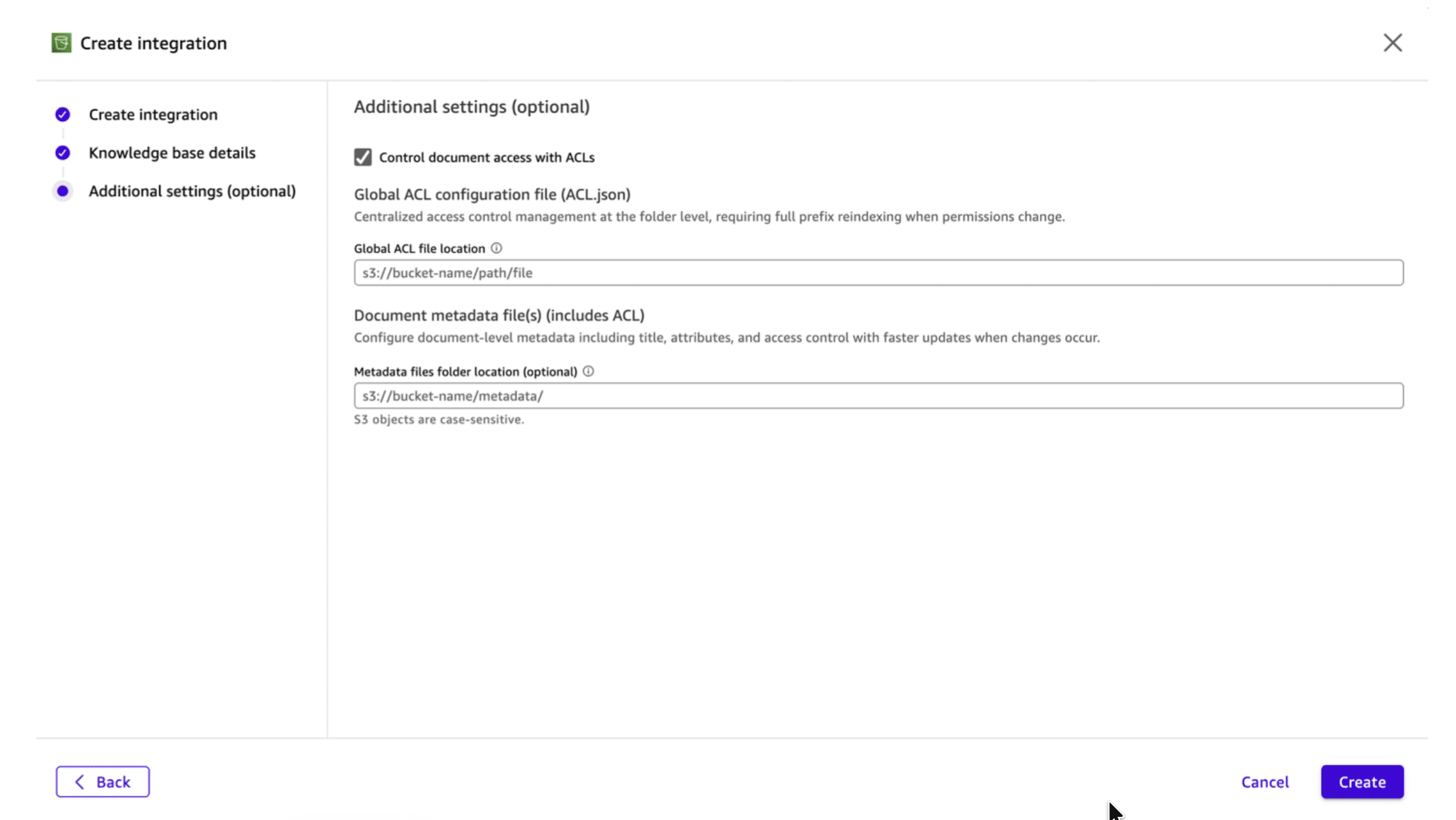 Additional settings step of the Create Integration wizard in Amazon Quick with 